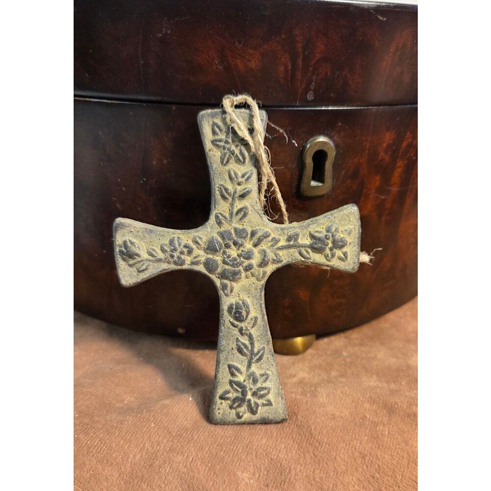 Handmade Floral Ceramic Cross Wall Hanging Rustic Religious Decor - Picture 4 of 5
